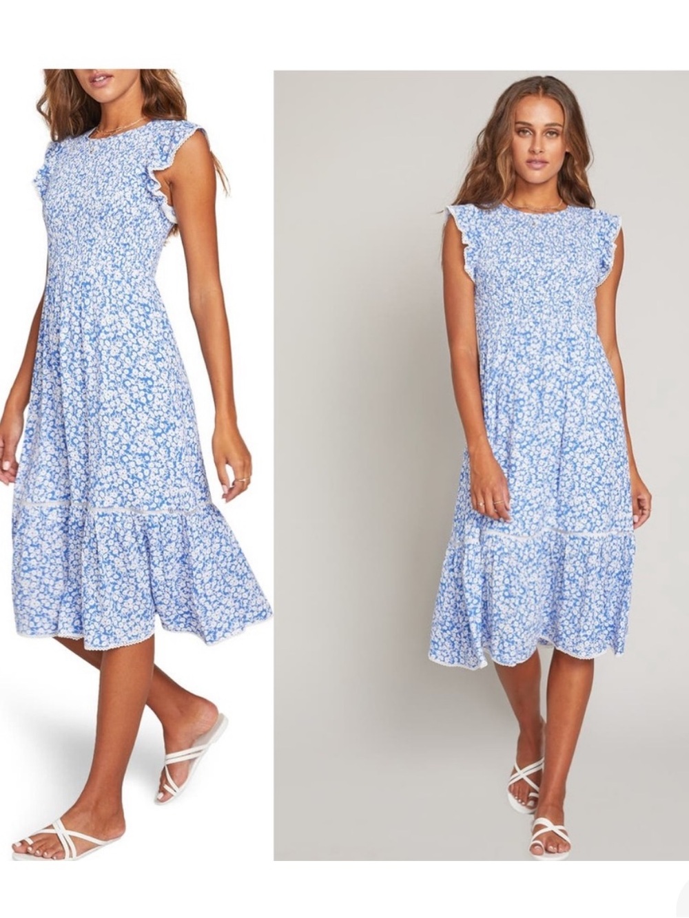 Lost + Wander Light Blue Floral Ruffle-Trim Midi Dress